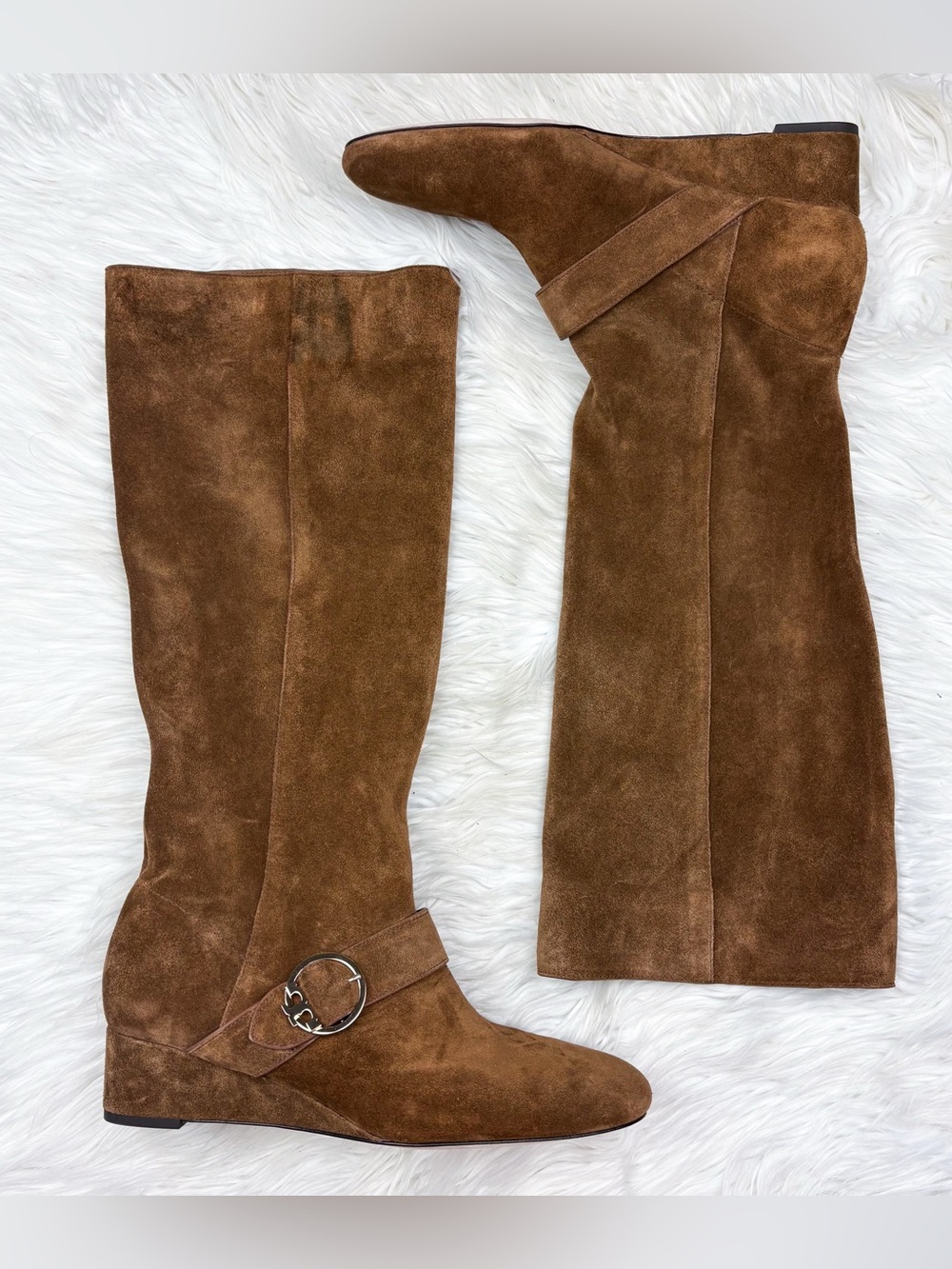 Tory Burch Sofia Suede Leather Wedge Heel Tall Riding Boot Tan Brown Gold Buckle